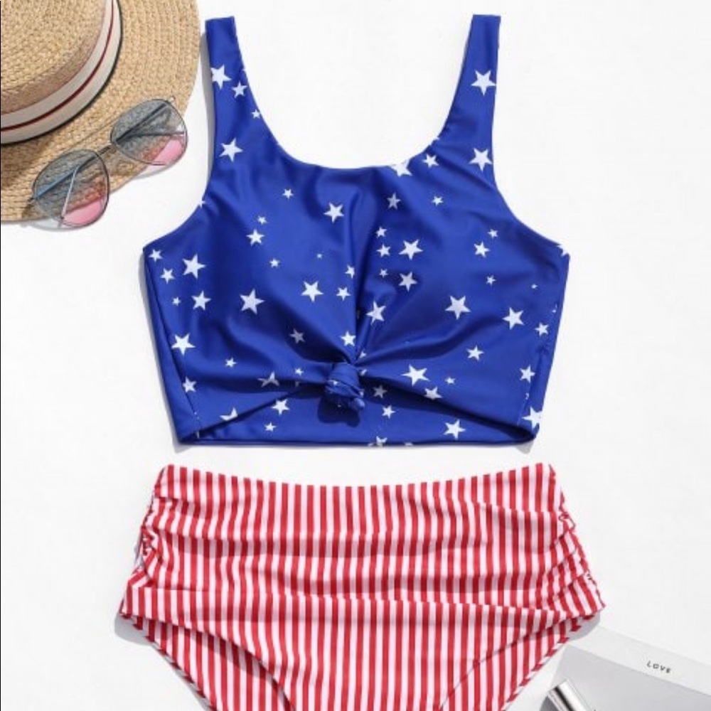 ZAFUL Knot Ruched American Flag Tankini Swimsuit